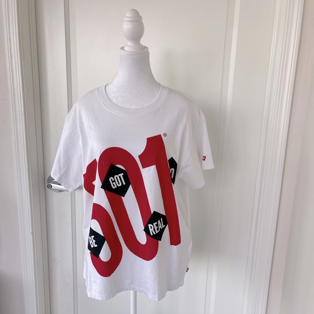 Levi's 501 Ex-Boyfriend T-Shirt White & Red 'Got To Be' Boxy Fit Women's Size M